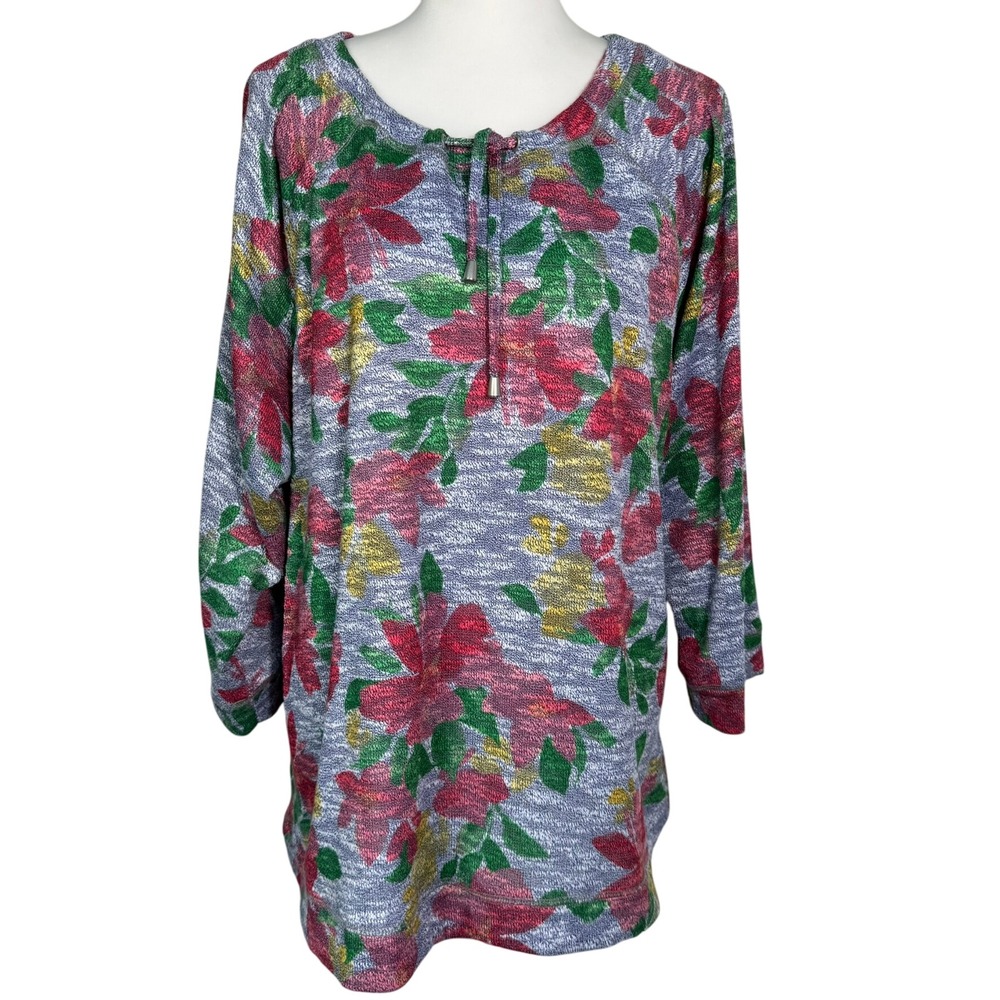 RUBY RD Woman's 2X Gray Floral Print Knit Tunic Top Long Sleeve Pullover Blouse